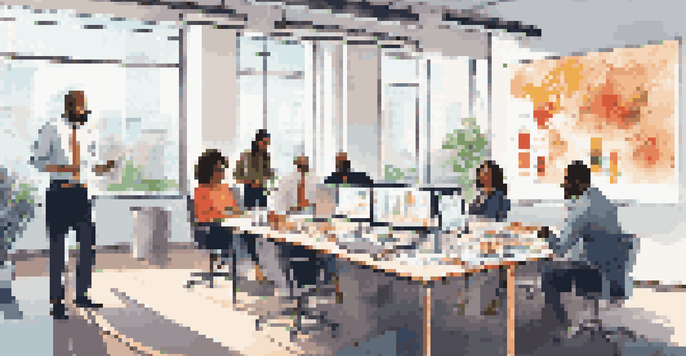 A diverse sales team in a bright office discussing goals and strategies around a large table.