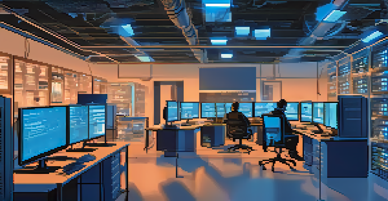An IT technician working on data recovery tools in a modern workspace with multiple computer screens.