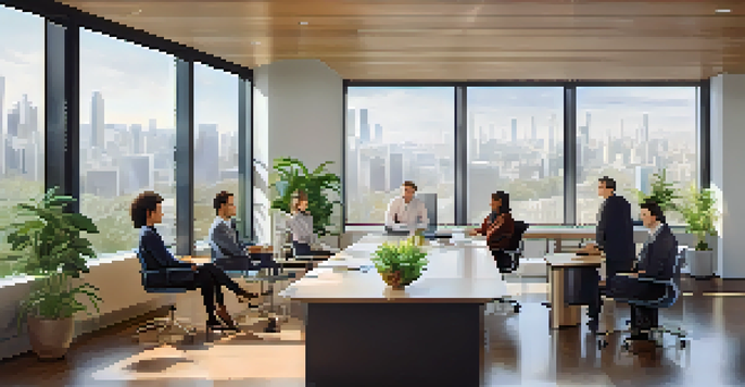 A diverse team in a bright office, engaged in a feedback session around a conference table, showing various expressions of engagement.