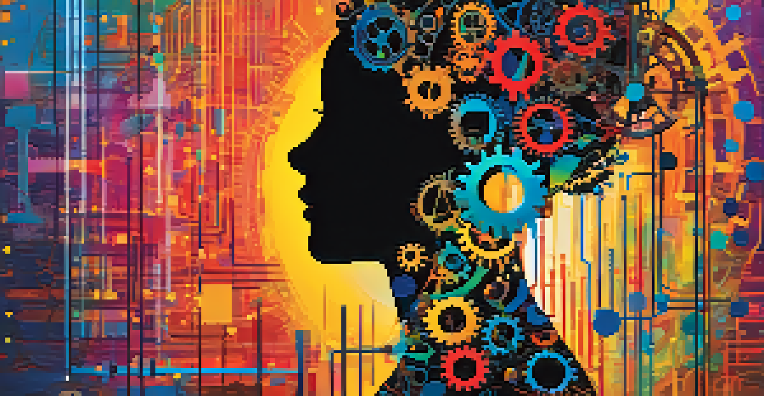 An abstract artwork of a person silhouette with gears and data symbols, representing the blend of human intuition and analytics.