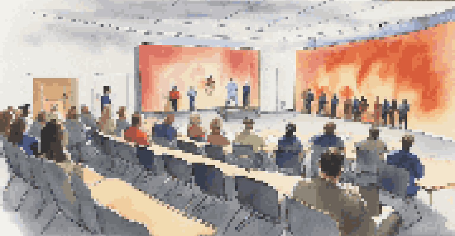 A crisis management team participating in a training drill in an auditorium, with a projector displaying emergency protocols on stage.