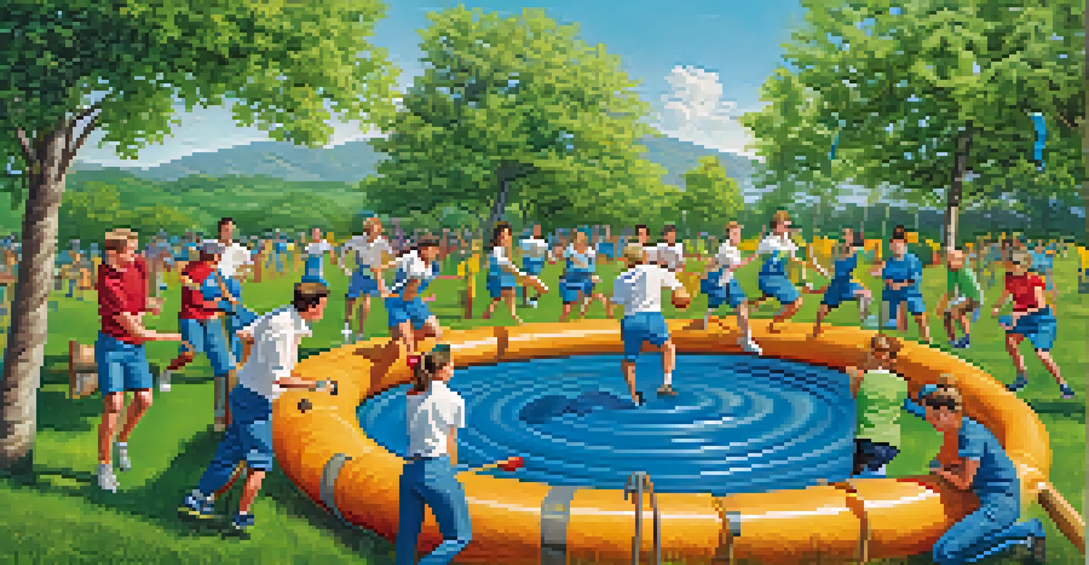 Employees enjoying a team-building activity outdoors, participating in an obstacle course with laughter and support.