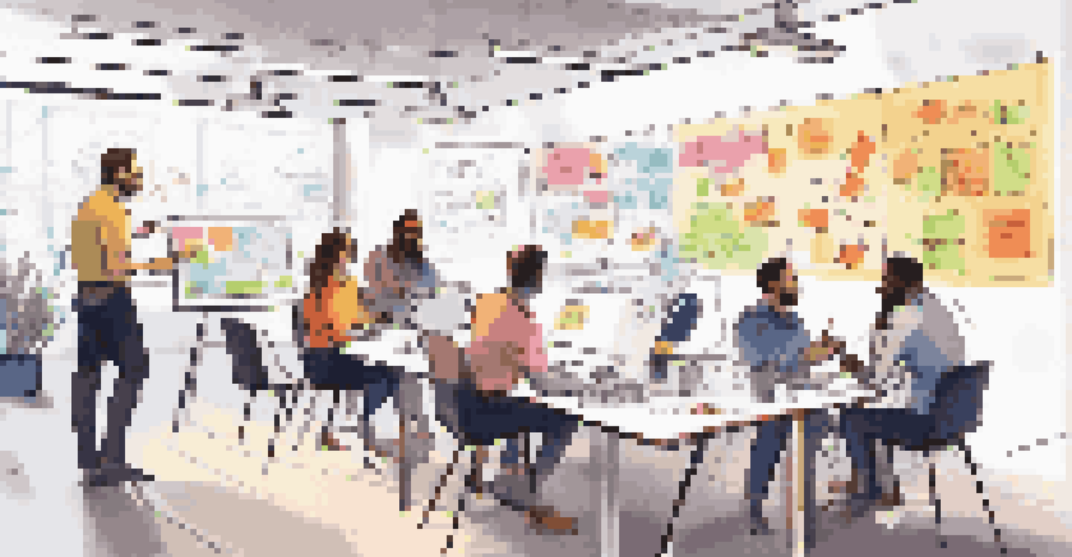 A tech startup team brainstorming at a whiteboard filled with diagrams and sticky notes in a bright, energetic environment.