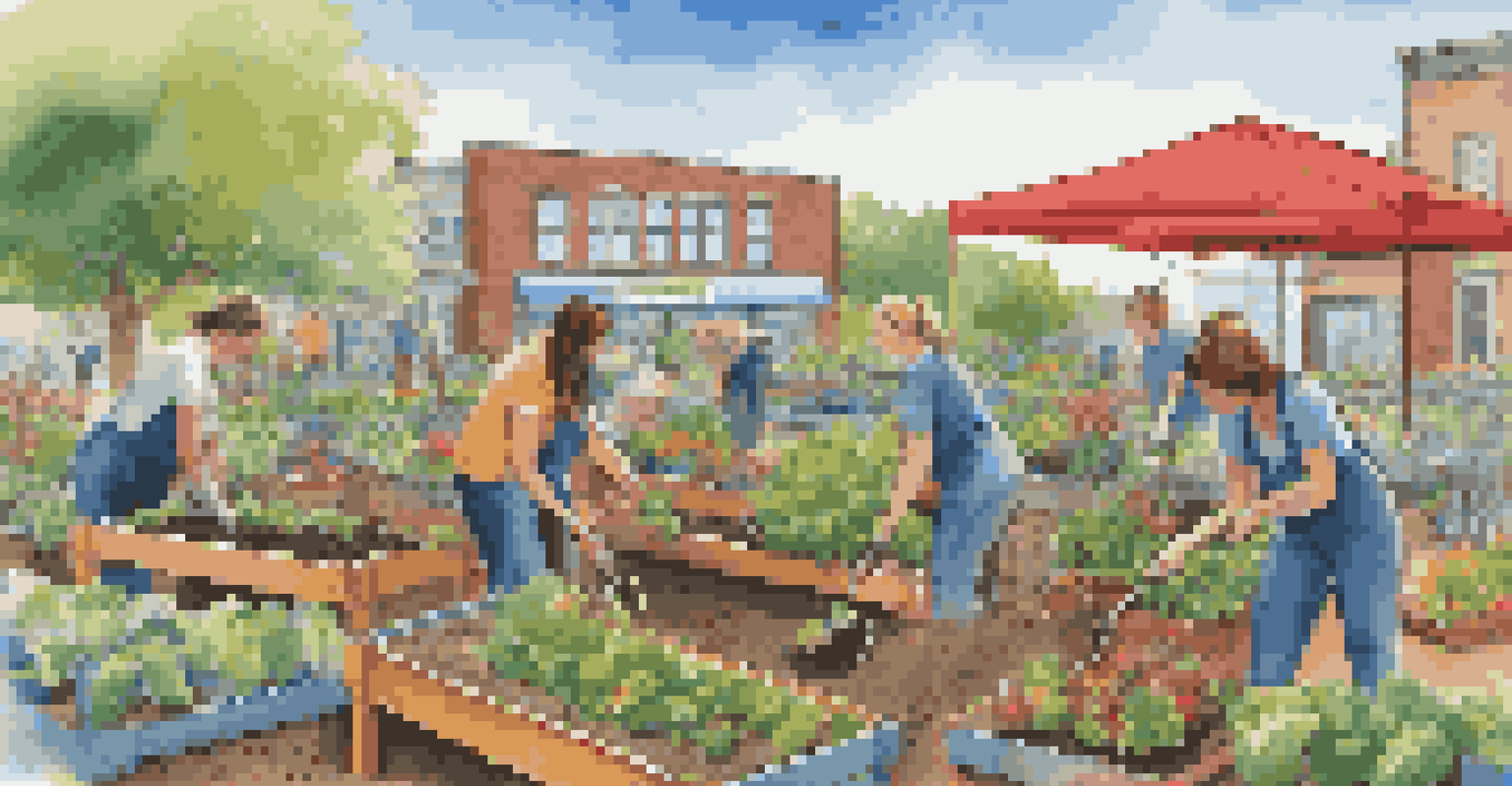 Employees and local residents working together in a community garden, with bright flowers and vegetables under a clear blue sky.
