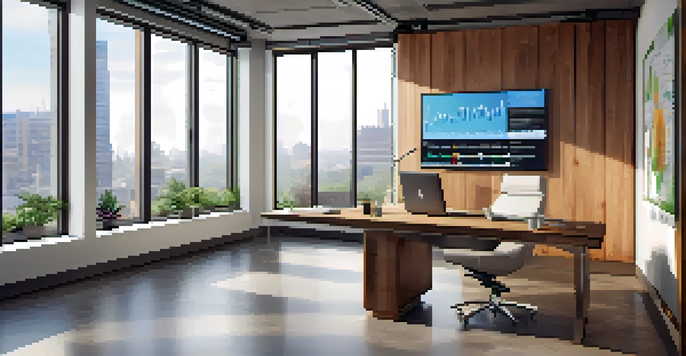 A modern office workspace with a wooden desk, financial documents, a laptop showing graphs, and bright natural light coming through a large window.