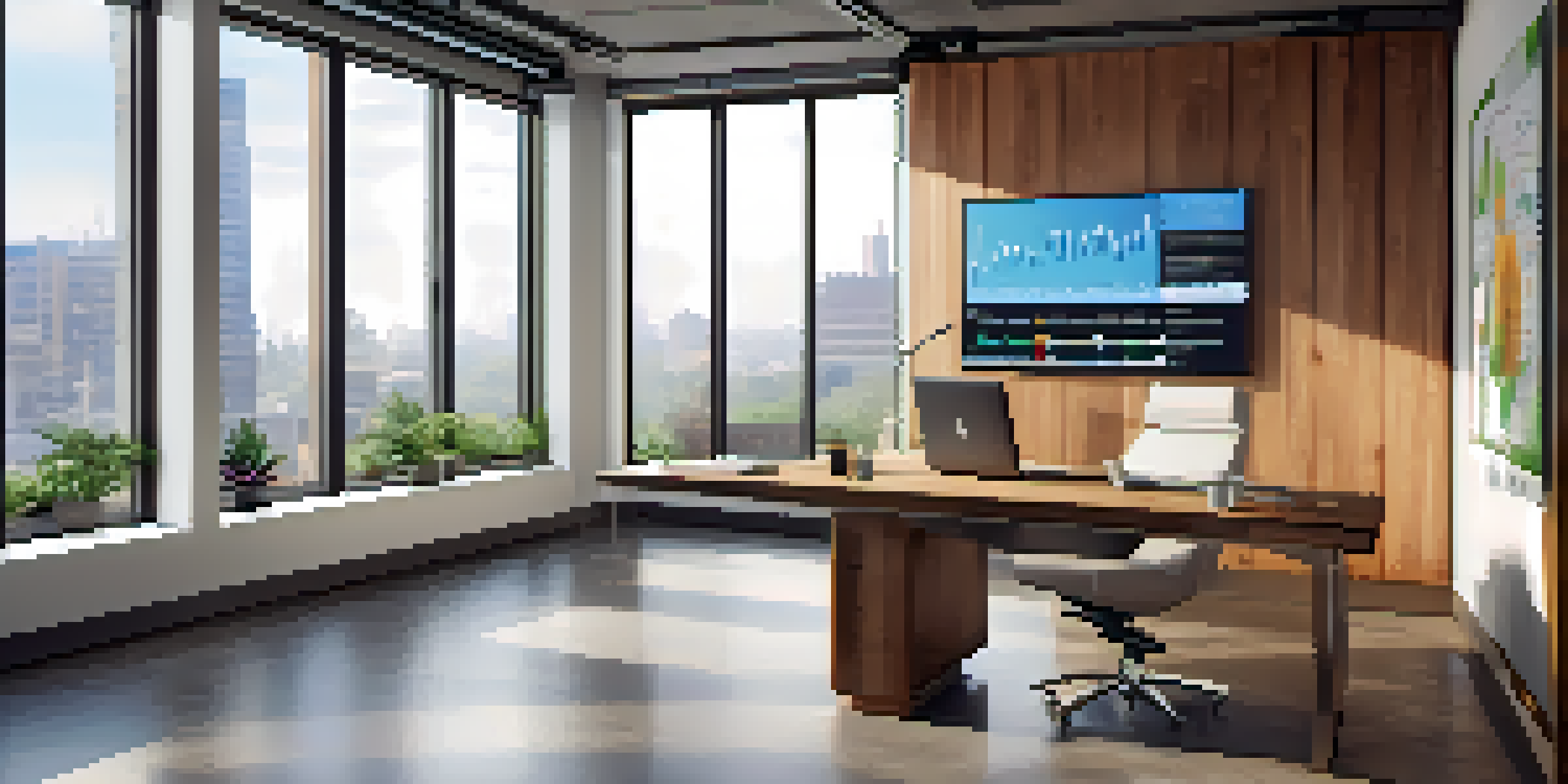 A modern office workspace with a wooden desk, financial documents, a laptop showing graphs, and bright natural light coming through a large window.
