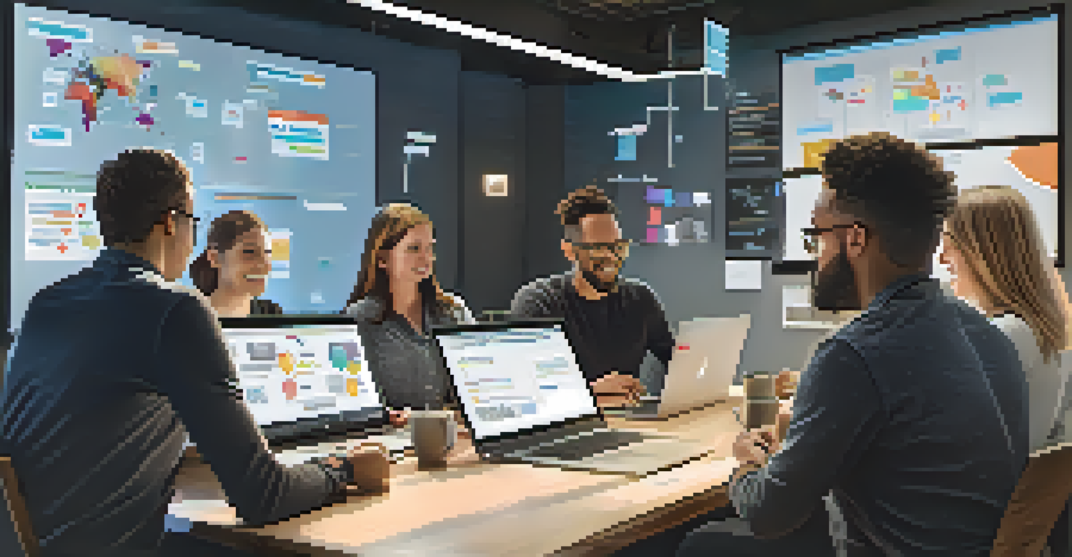 A team of diverse professionals brainstorming in a bright meeting room with laptops and a screen showing marketing insights.