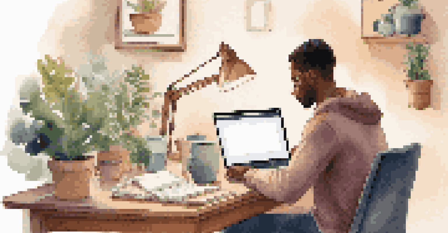 An individual sitting at a cozy desk with a laptop and notepad, engaged in active listening during a virtual meeting, with a warm desk lamp glow.