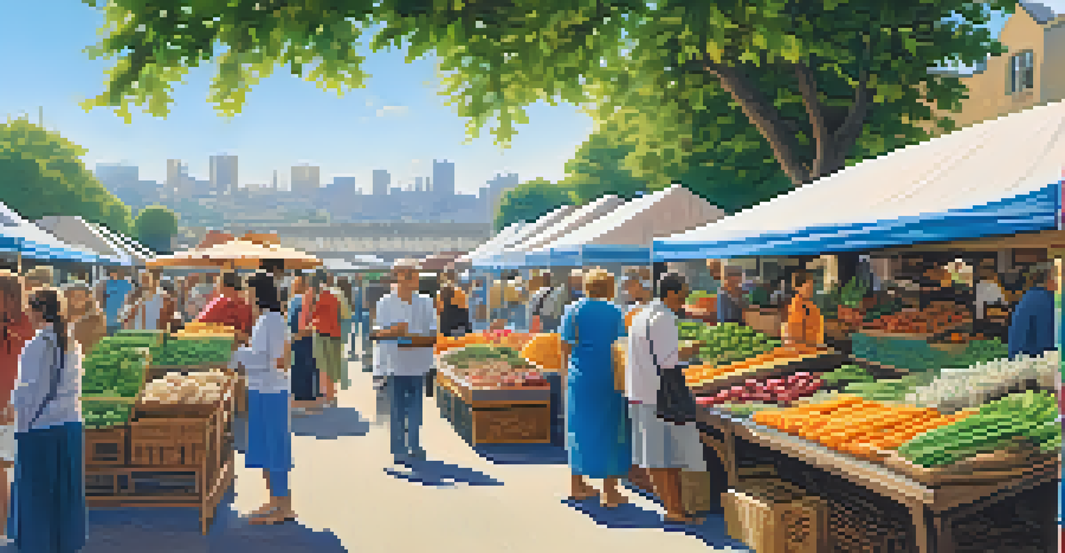 A vibrant outdoor market with colorful stalls selling fresh goods, bustling with shoppers and surrounded by greenery under a clear sky.