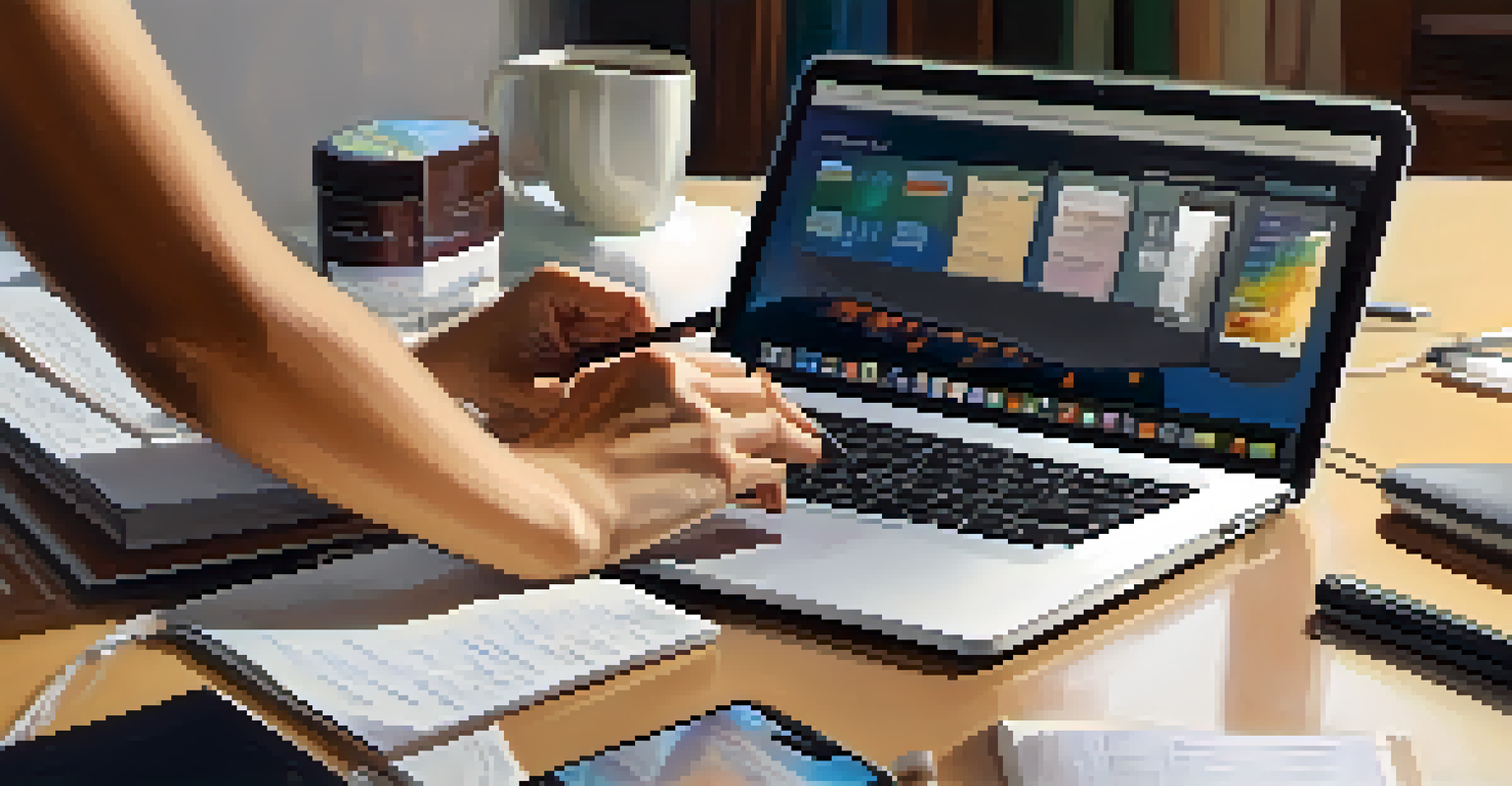 Close-up of hands typing on a laptop with a notebook and smartphone nearby, showcasing a cozy and productive environment.