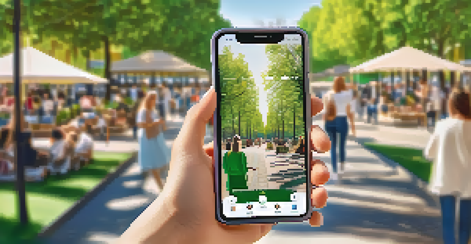 A smartphone displaying a social media feed with an influencer promoting eco-friendly products, set against a lively park backdrop.