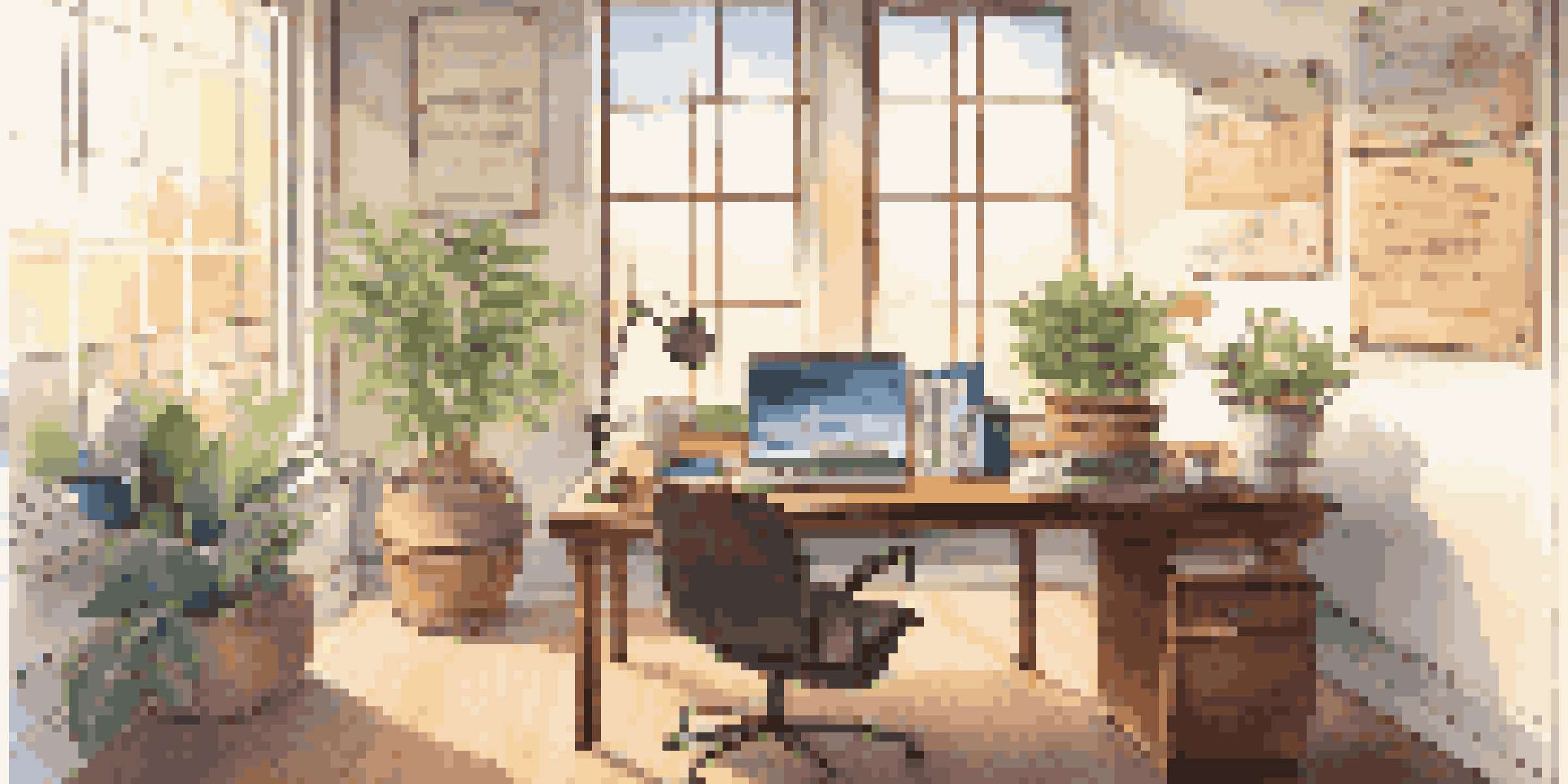 An office space featuring a wooden desk with a laptop showing a SWOT analysis. Sunlight streams through a window, illuminating a potted plant and a steaming cup of coffee on the desk.