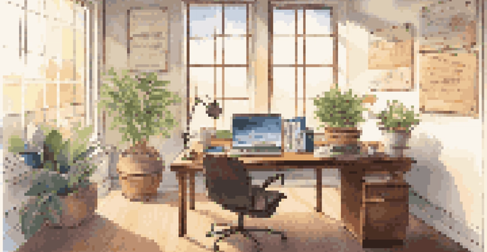 An office space featuring a wooden desk with a laptop showing a SWOT analysis. Sunlight streams through a window, illuminating a potted plant and a steaming cup of coffee on the desk.