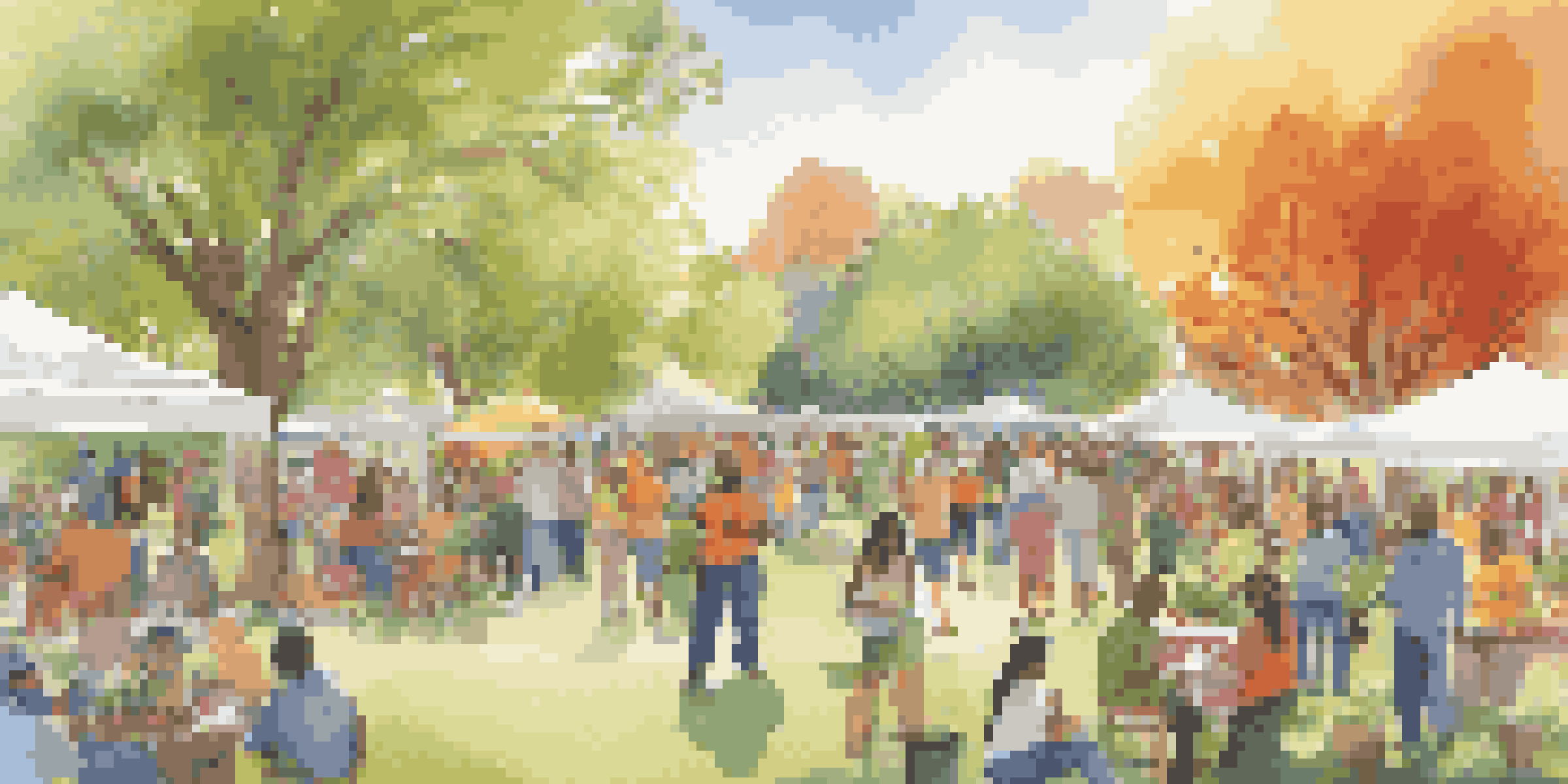 A lively community event with people planting trees and setting up educational booths in a sunny park, promoting sustainability and social responsibility.