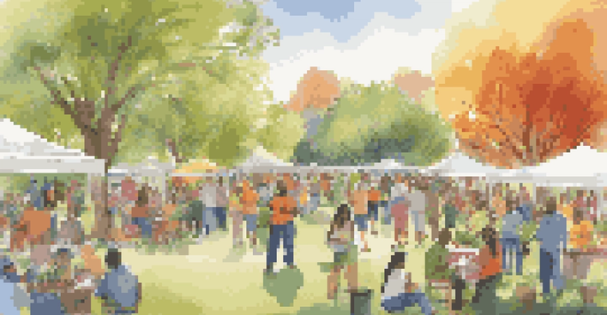 A lively community event with people planting trees and setting up educational booths in a sunny park, promoting sustainability and social responsibility.