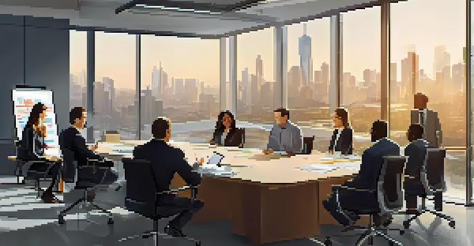 A diverse team of professionals in a bright office meeting room, discussing crisis management strategies with laptops and a display screen.