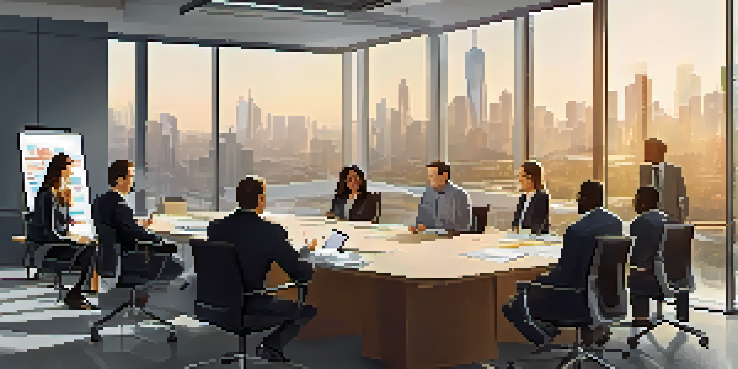 A diverse team of professionals in a bright office meeting room, discussing crisis management strategies with laptops and a display screen.