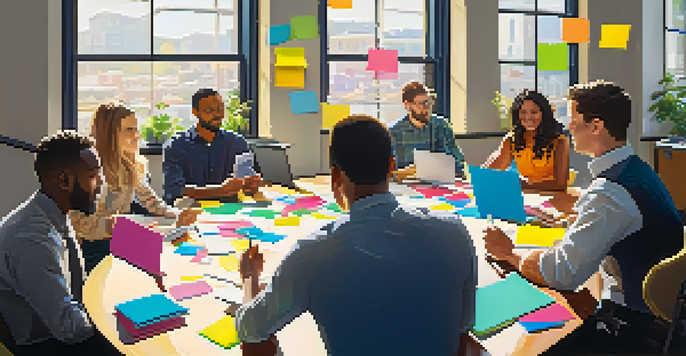 A diverse group of employees collaborating at a round table in a bright office environment, surrounded by sticky notes and laptops.