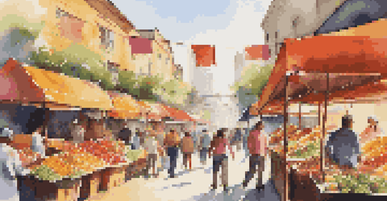A bustling urban street market with colorful stalls and diverse people shopping and interacting.