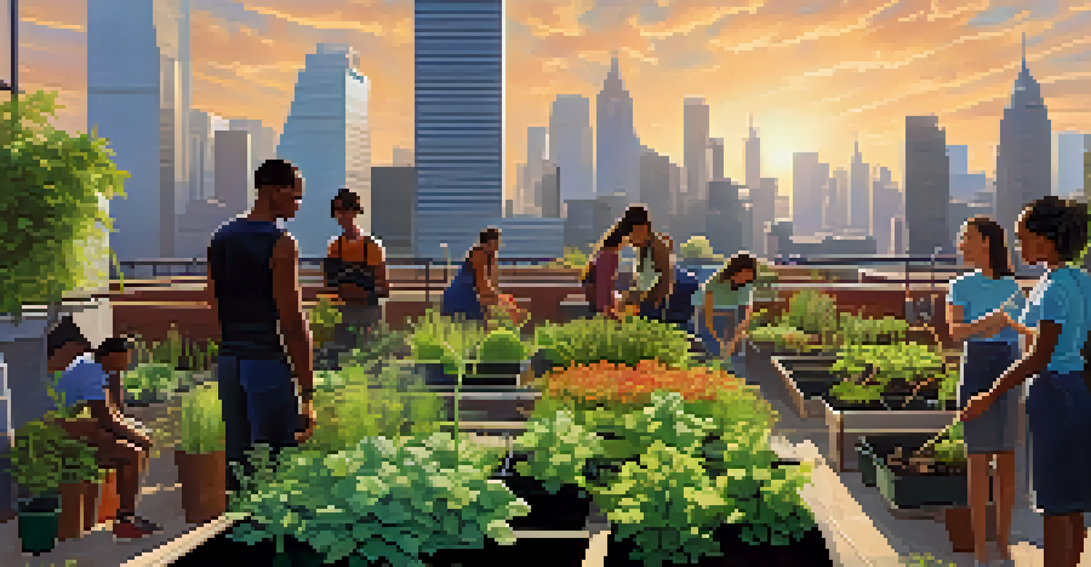 People working in an urban rooftop garden with a city skyline in the background.