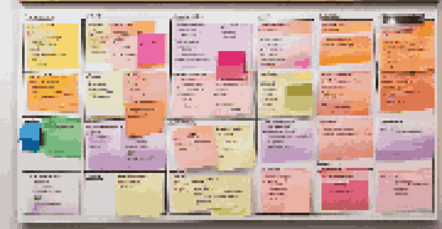 A close-up of a customer persona board with sticky notes and images representing different customer types in a modern office.