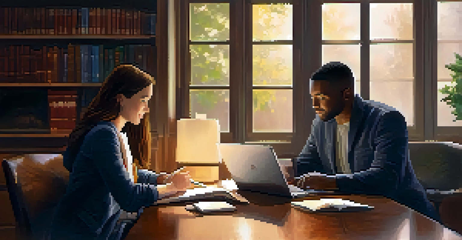 A mentor and mentee having a discussion in a cozy office, with books and a laptop on the table.