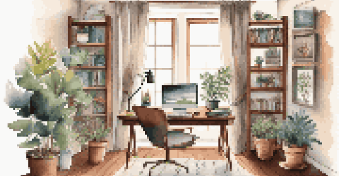 A cozy home office with a wooden desk, laptop, potted plants, and a cup of coffee, illuminated by soft natural light.