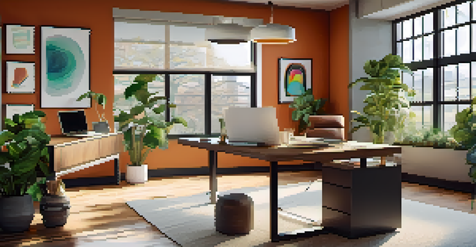 A bright modern workspace with a wooden desk, laptop, notepad, coffee cup, potted plants, and colorful artwork on the walls.