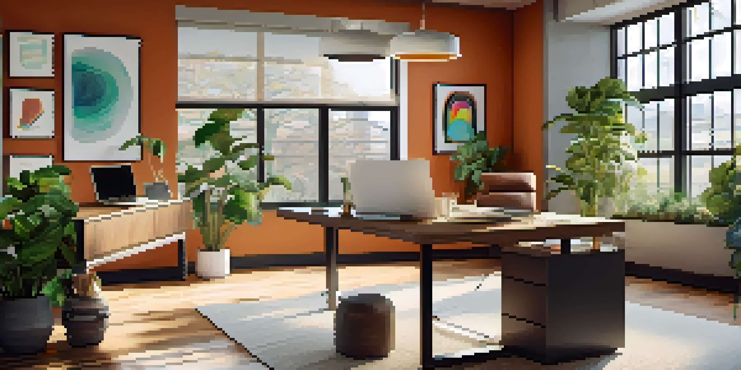 A bright modern workspace with a wooden desk, laptop, notepad, coffee cup, potted plants, and colorful artwork on the walls.