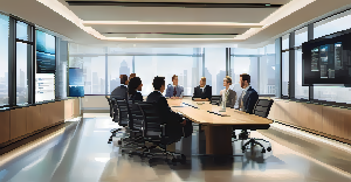 A diverse group of professionals in a conference room discussing a business continuity plan, with a large screen in the background.