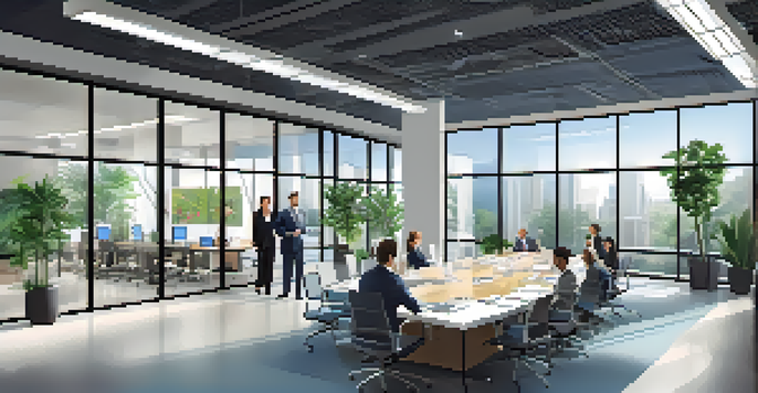 A group of diverse business professionals having a discussion in a modern office conference room.