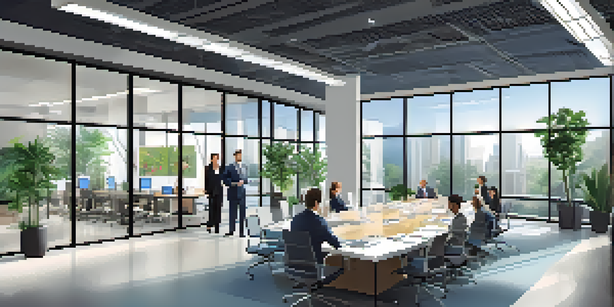 A group of diverse business professionals having a discussion in a modern office conference room.