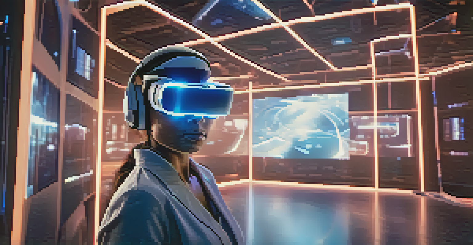 A person wearing a VR headset engaged in immersive training in a futuristic environment with holographic displays.