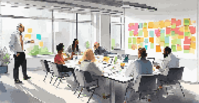 A diverse team in a modern office engaged in a scenario planning workshop, surrounded by whiteboards and sticky notes.