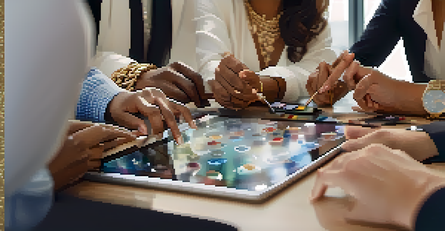 A close-up of diverse hands collaborating on a tablet, highlighting teamwork and inclusivity in a modern office environment.