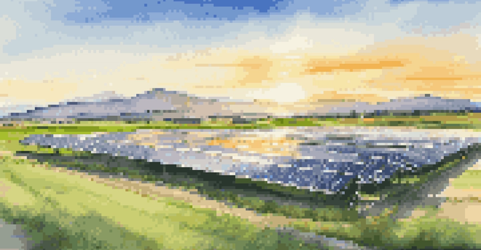 A solar energy farm with green fields and a sunset sky, highlighting the balance between technology and nature.