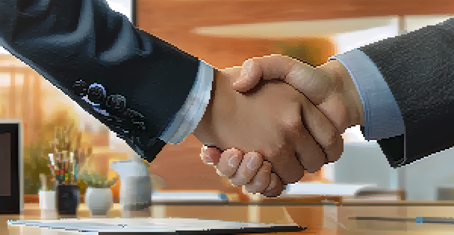 A close-up of a handshake between two people in a modern office, symbolizing the transfer of business ownership, with a 'Congratulations!' banner in the background.