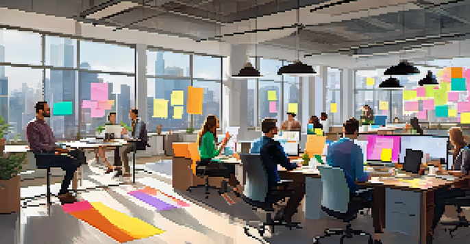 A diverse group of employees in a bright office setting collaborating during a brainstorming session, surrounded by colorful sticky notes and laptops.