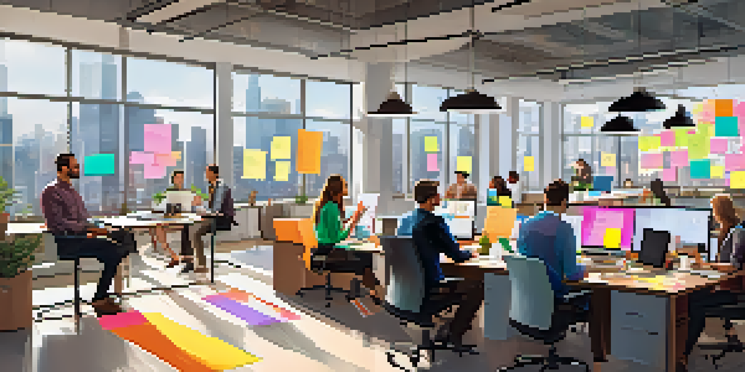 A diverse group of employees in a bright office setting collaborating during a brainstorming session, surrounded by colorful sticky notes and laptops.