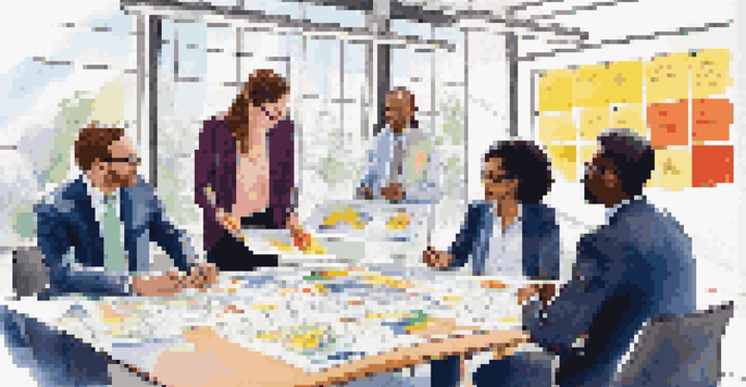 A group of diverse business professionals collaborating over a Business Model Canvas, surrounded by colorful notes and a bright, well-lit room.