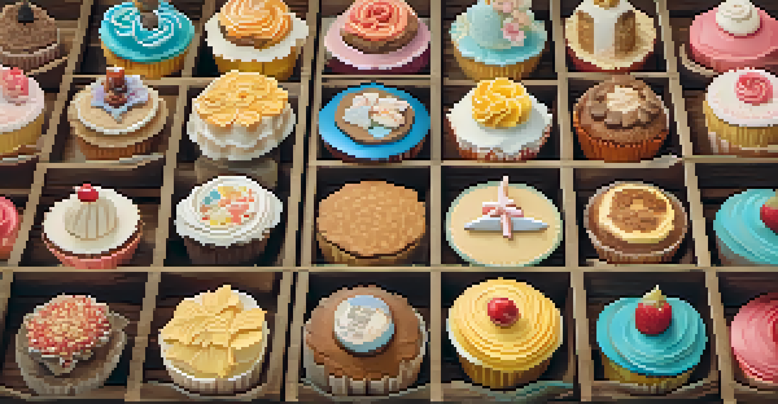 An overhead view of a bakery featuring uniquely designed cupcake boxes arranged on a wooden table.