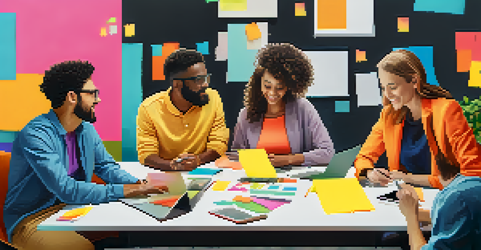 A group of diverse people brainstorming marketing strategies at a table with sticky notes and laptops.