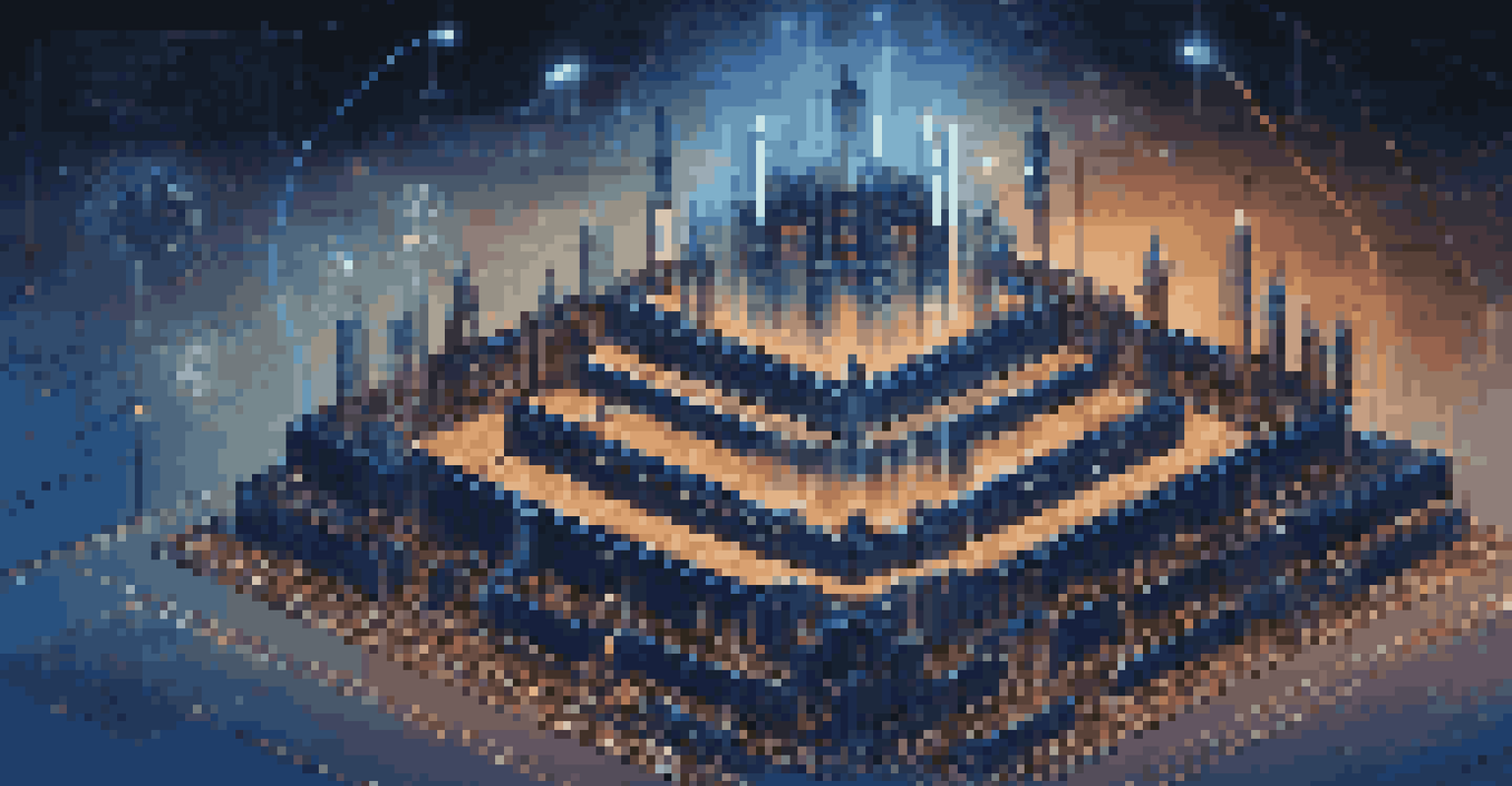 A digital fortress made of binary code representing cybersecurity, surrounded by icons of cybersecurity tools against a dark background.