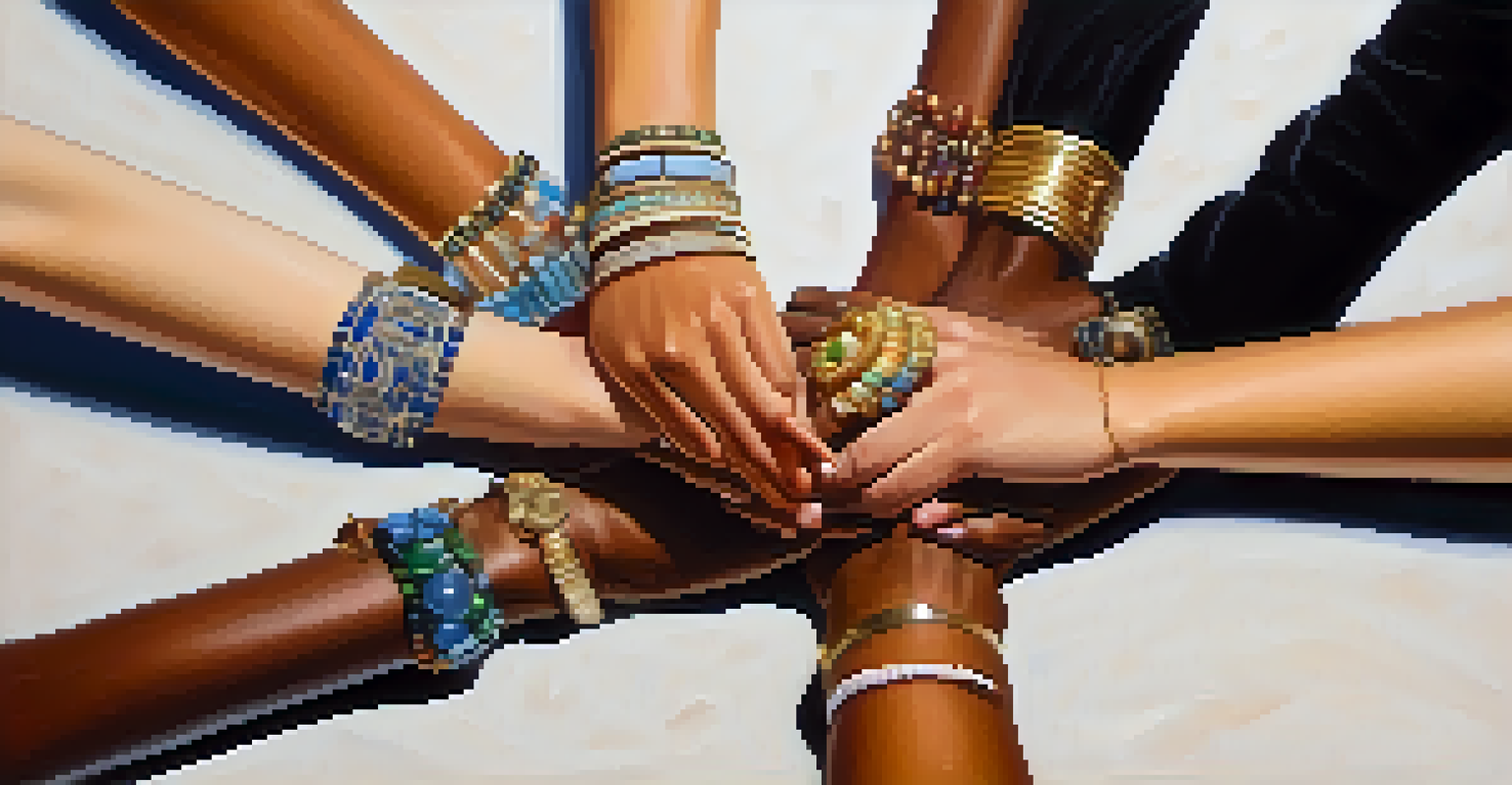 Close-up of diverse hands, representing teamwork and inclusion, with different skin tones and jewelry, united in a circle against a blurred background.