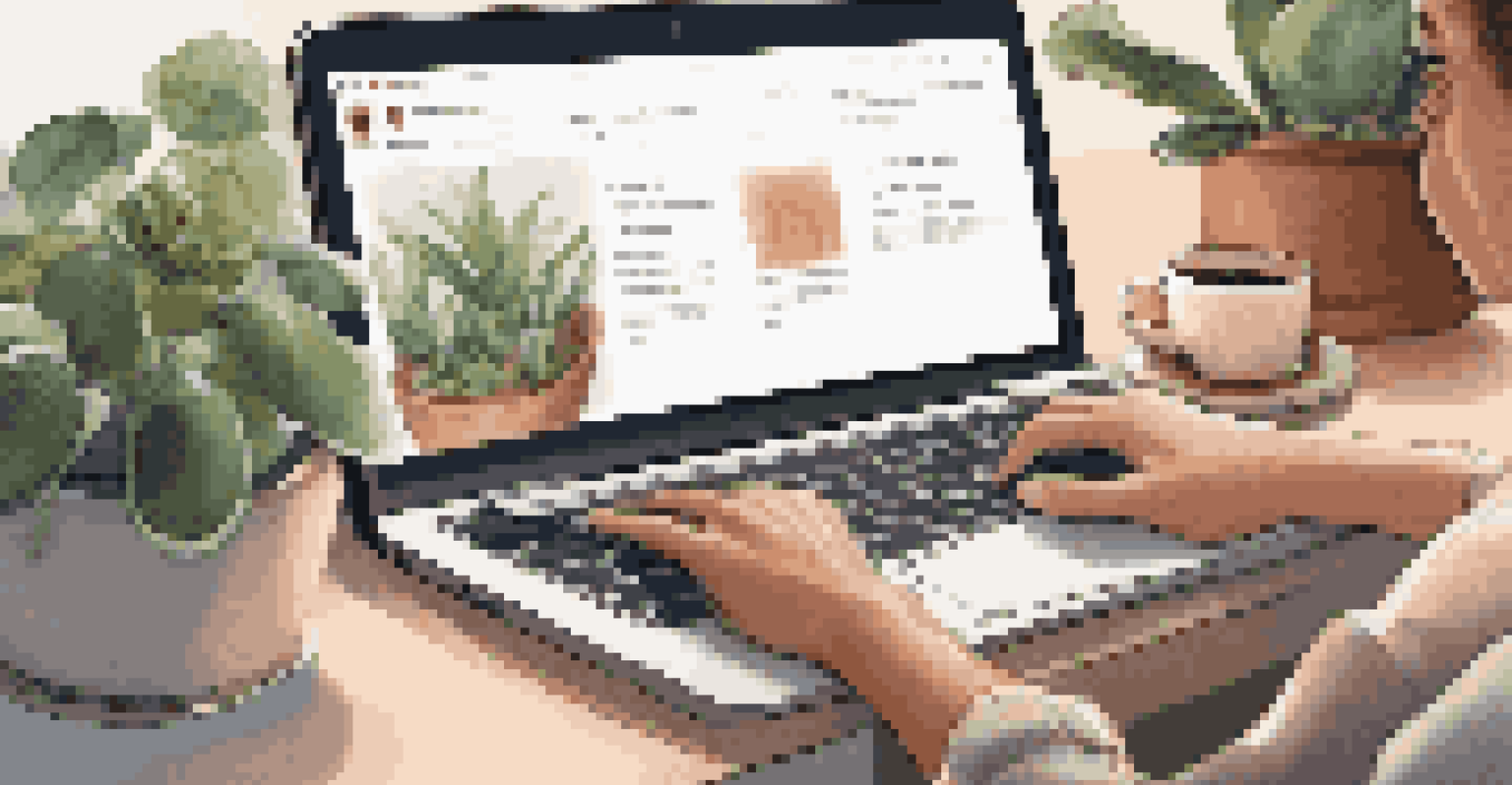Close-up of hands typing on a laptop with a digital collaboration interface, set in a cozy workspace with plants.