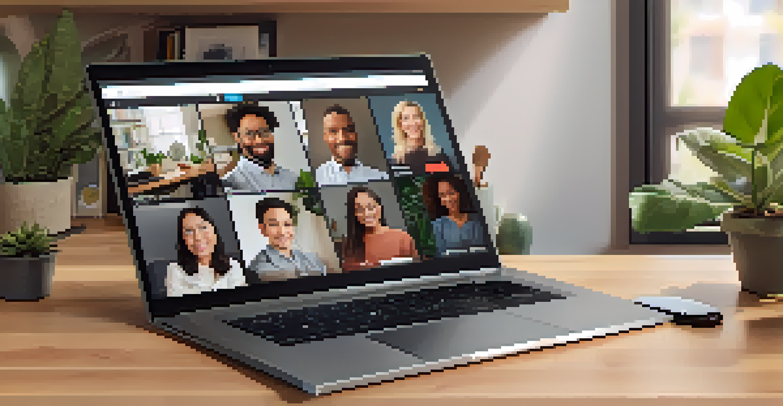 Close-up of a laptop screen showing a video conference with team members in a cozy home office setting.