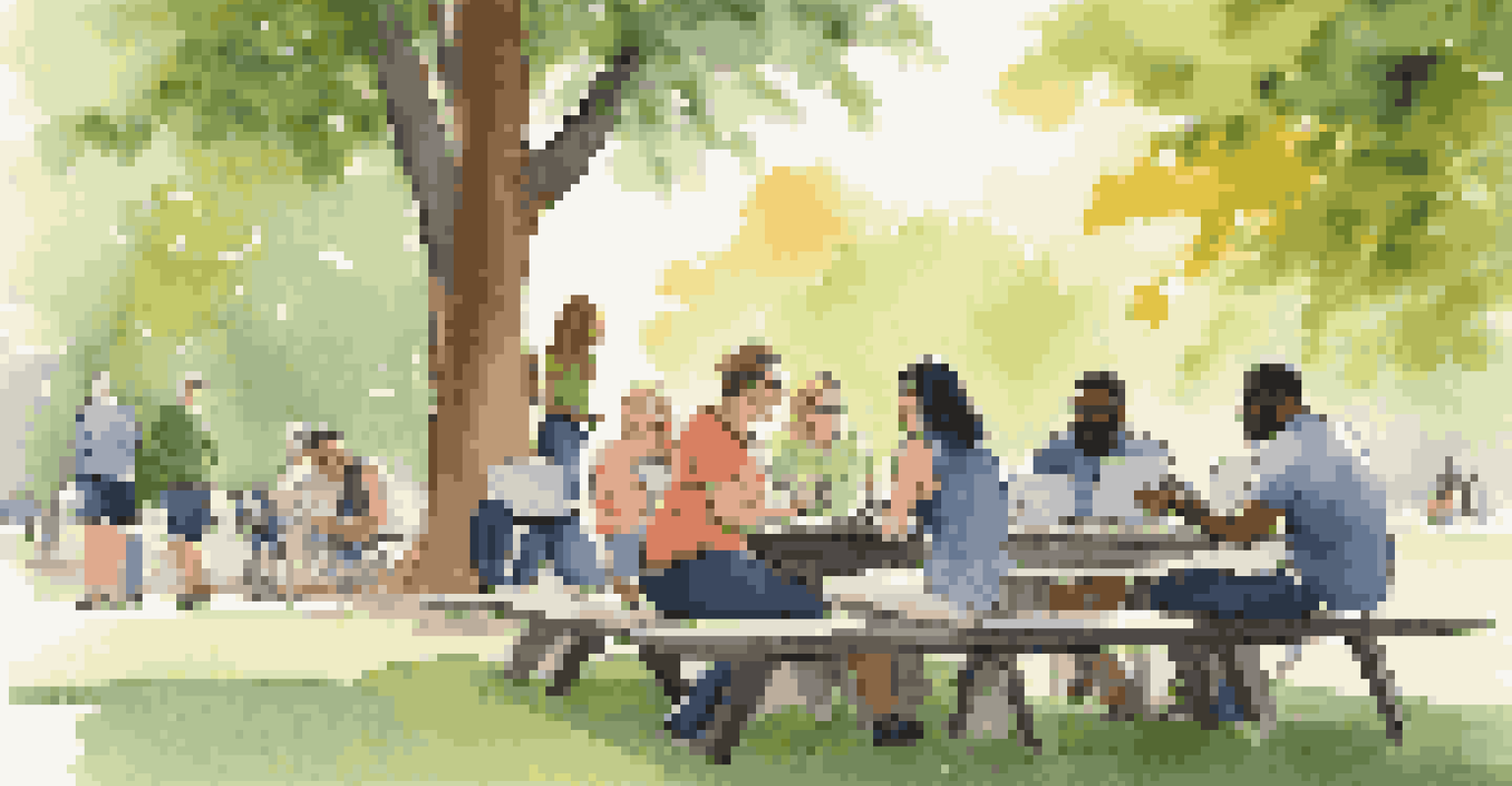 A diverse team having a meeting outdoors in a park, discussing data with laptops on a picnic table.