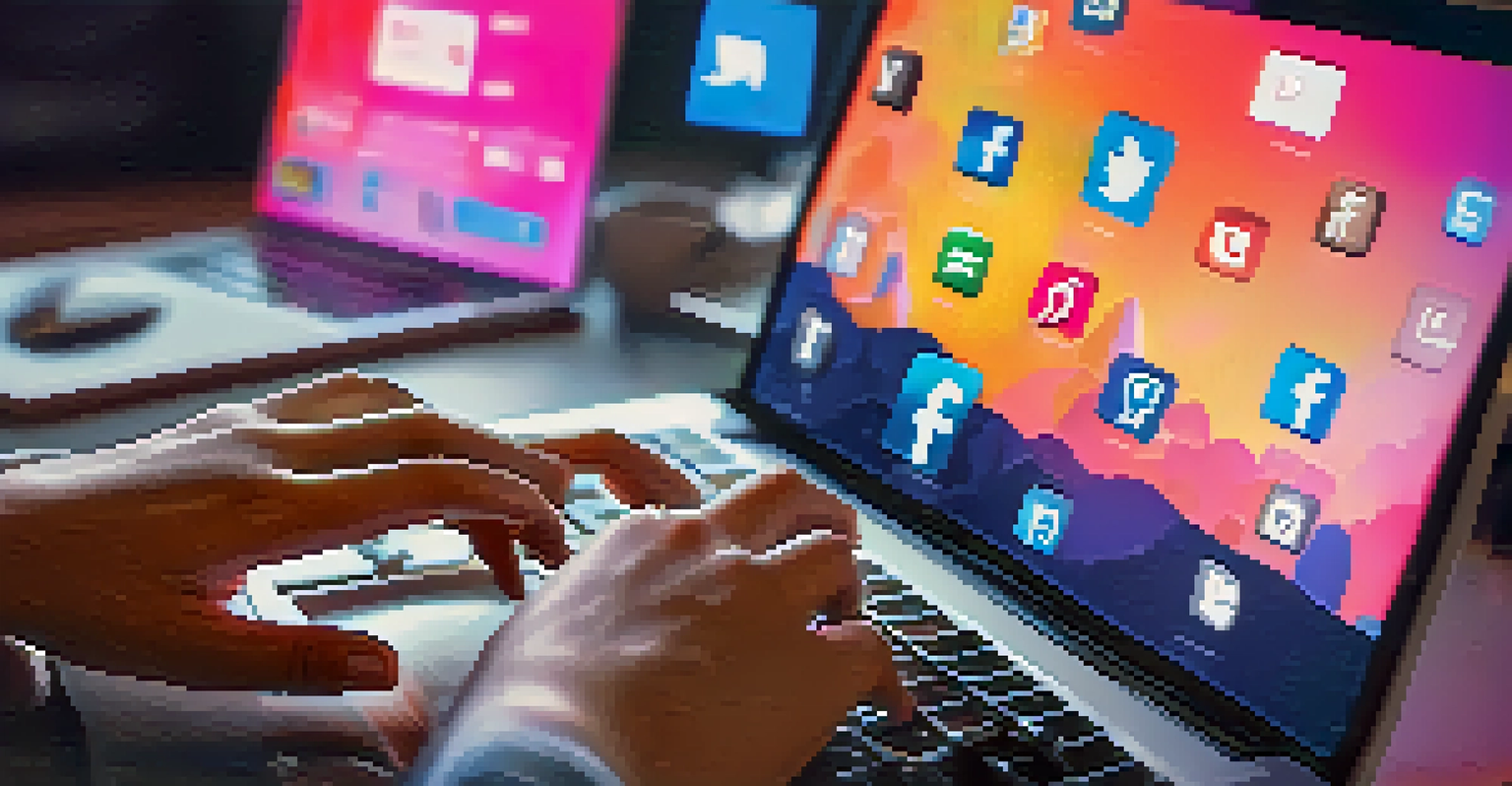 A close-up of a person typing on a laptop with social media icons on the screen, highlighting digital engagement.