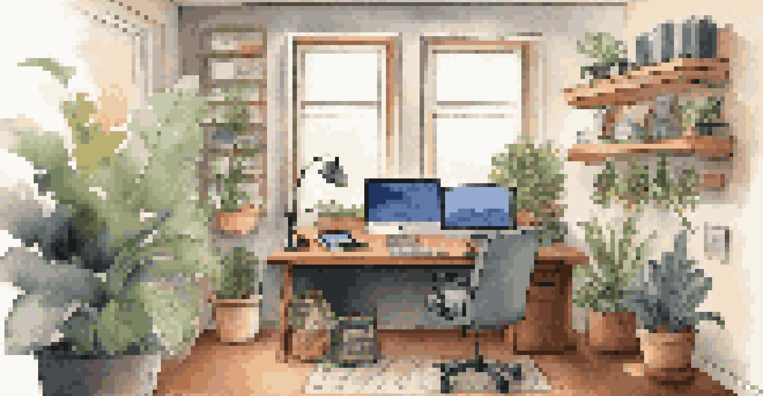 A warm home office setup with a laptop displaying a video conference of team members collaborating remotely.