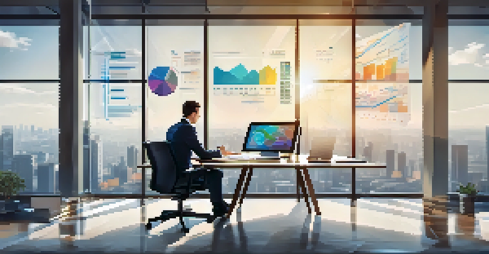 A business professional looking at a tablet displaying graphs and charts, with a modern office view of a city skyline.